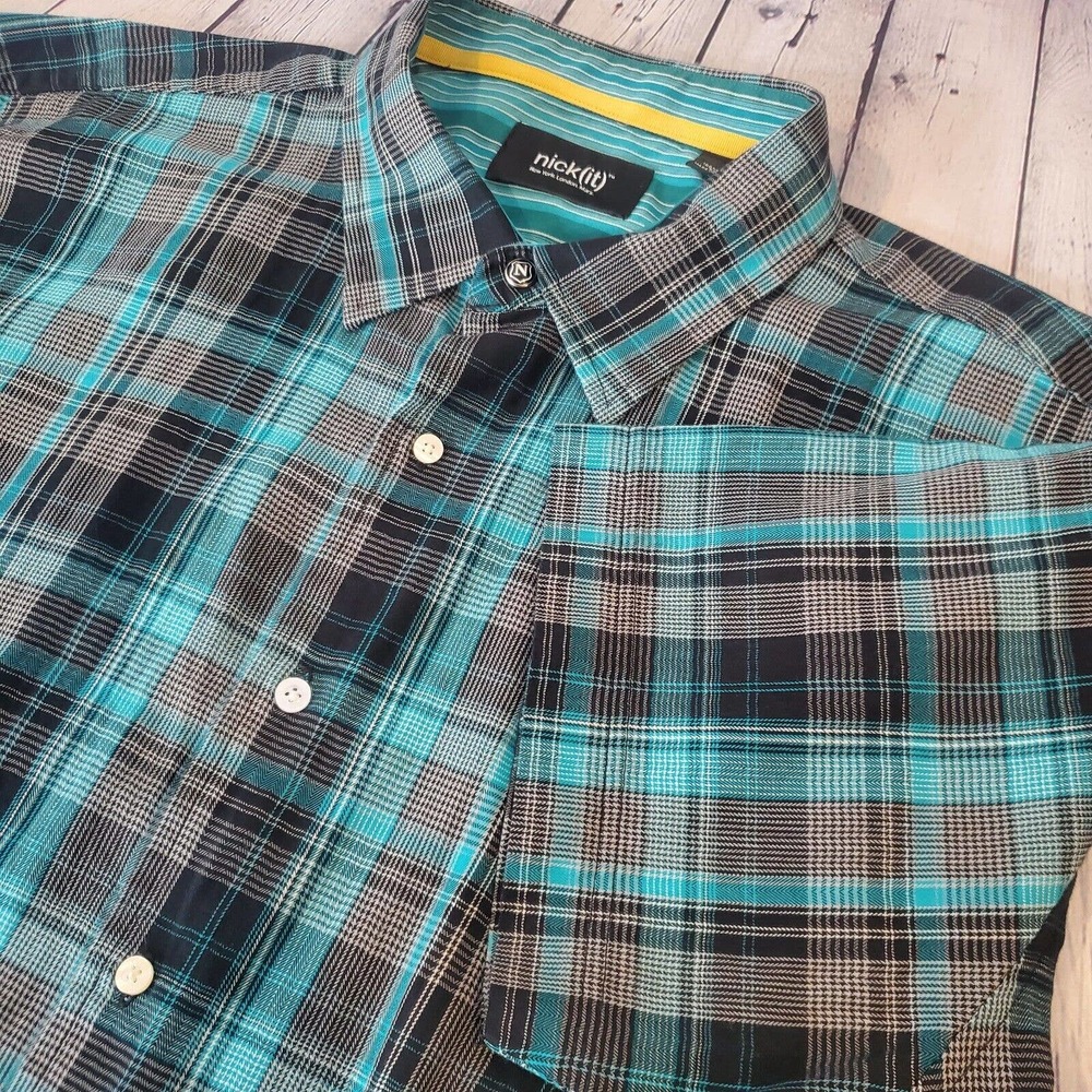 Nick(it) Plaid Button Up Shirt Stretch Men's Size XL Blue 100% Cotton Logo